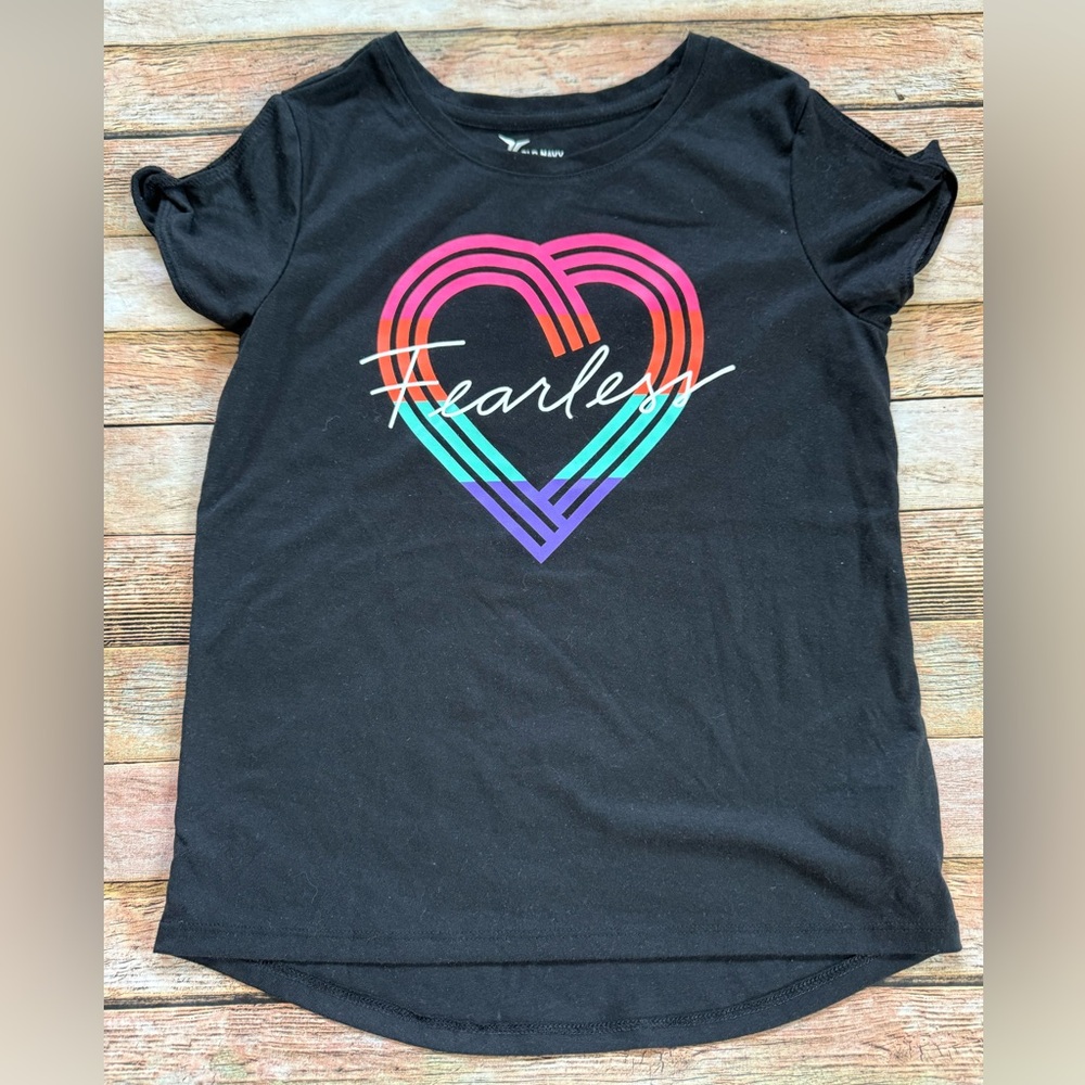 Old Navy Black Tee with Multicolor Rainbow Heart and Fearless Script